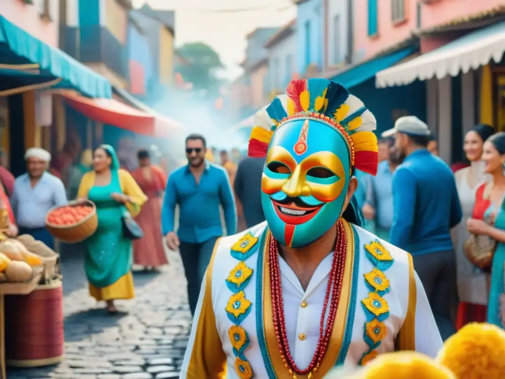 Mercado vibrante en Carnaval: colores y tradición en Uruguay Vibrante mercado callejero del Carnaval en Uruguay con merchandising ediciones limitadas