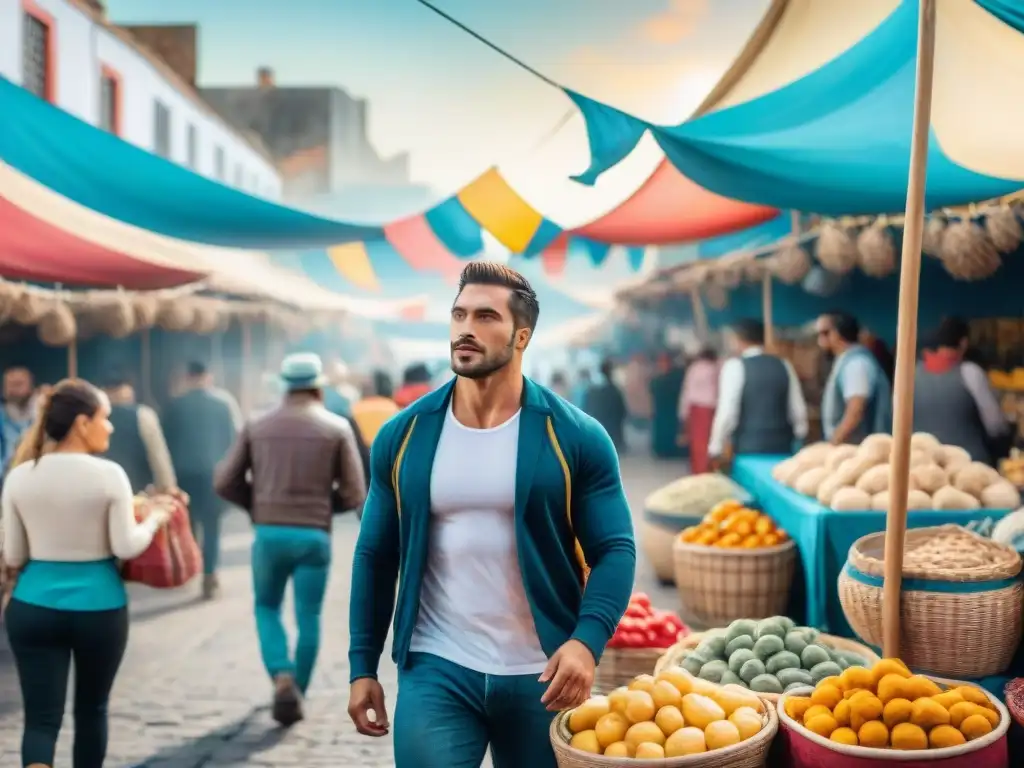 Mercado callejero en Uruguay: Carnaval vibrante Vibrante mercado callejero en Uruguay durante el Carnaval, con merchandising ediciones limitadas