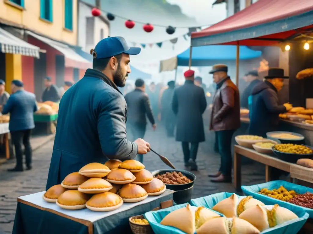 Mercado callejero vibrante en Uruguay durante el Carnaval Un vibrante mercado callejero durante el Carnaval en Uruguay con comida tradicional