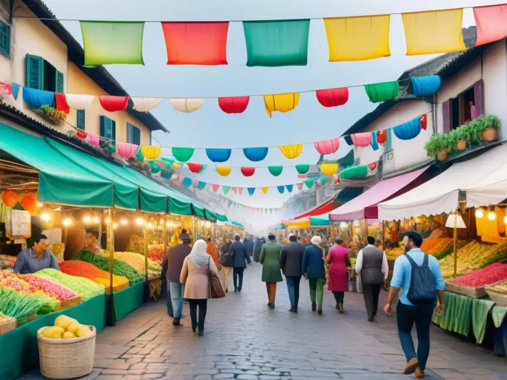 Un vibrante mercado callejero en Uruguay, con puestos de artesanías y trajes de carnaval, reflejando la sostenibilidad en el Carnaval Uruguayo