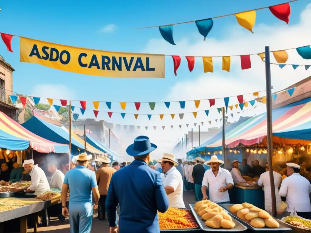 Pintura acuarela de mercado de comida en carnaval uruguayo Vibrante mercado gastronómico del Carnaval Uruguayo con puestos coloridos y chefs preparando delicias típicas como asado y empanadas
