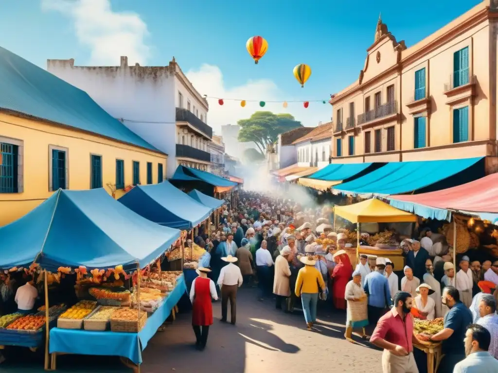 Pintura acuarela detallada del Carnaval en mercado uruguayo Un vibrante mercado uruguayo durante el Carnaval, con puestos de comida y gente celebrando