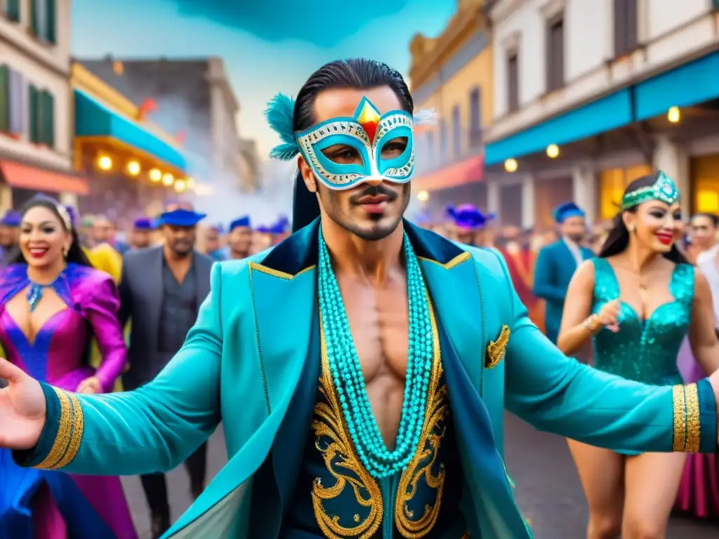 Colorido Carnaval Uruguayo: Baile y Alegría en las Calles Vibrante reinterpretación moderna de personajes tradicionales del Carnaval Uruguayo en colores festivos y bailes dinámicos