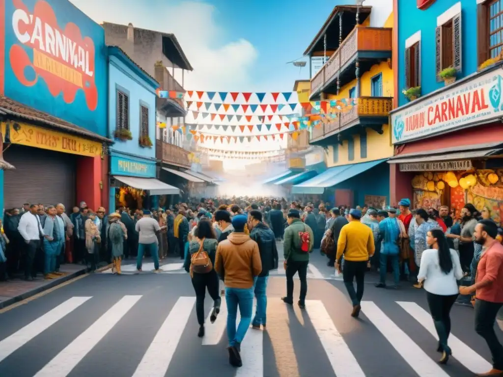 Vibrante pintura acuarela del Carnaval Uruguayo Un vibrante mural de acuarela con tags arte callejero carnavalero en una escena callejera del Carnaval Uruguayo