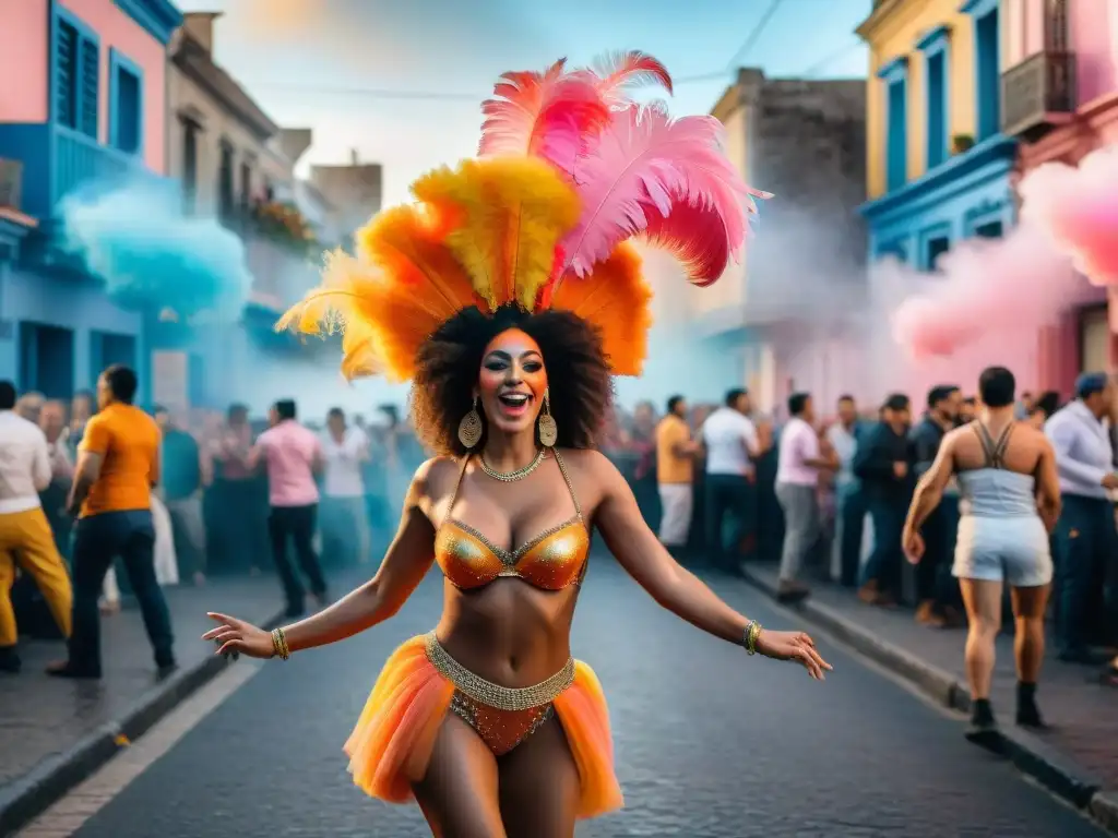 Carnaval en Uruguay: Arte callejero vibrante y colorido Un vibrante mural de arte callejero en Uruguay durante el Carnaval, lleno de color y alegría