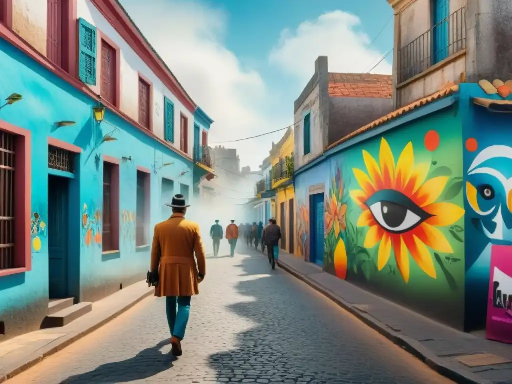 Carnaval en Uruguay: Grafitis vibrantes y tradición urbana Un vibrante mural de arte urbano en Uruguay durante el Carnaval, fusionando símbolos tradicionales y modernos