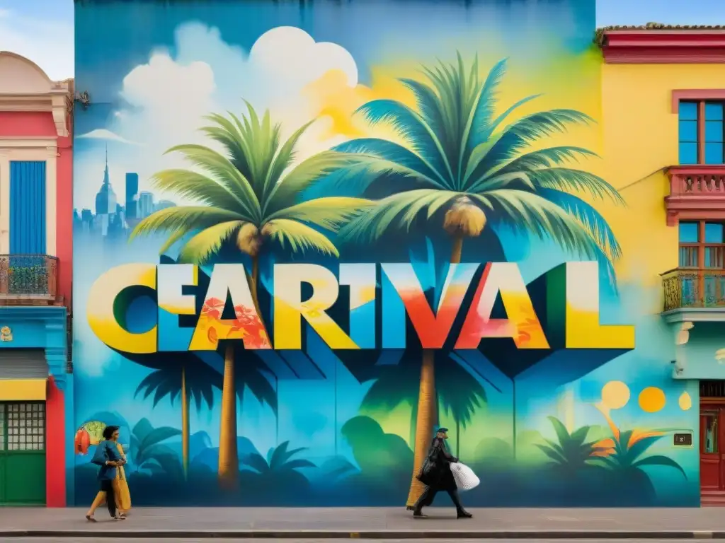 Murales de Carnaval en Montevideo: Explosión de color y creatividad Un vibrante mural de graffiti en las bulliciosas calles de Montevideo durante el Carnaval, con colores y estilos diversos