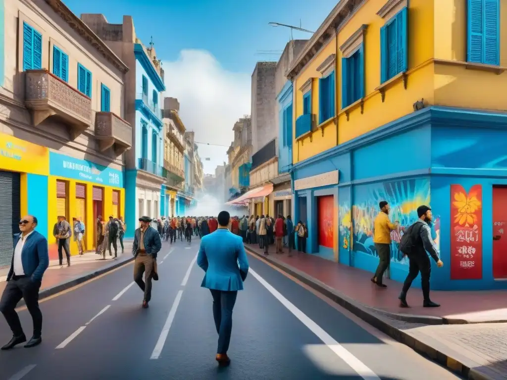 Murales vibrantes en Montevideo durante el Carnaval Un vibrante mural de graffiti en Montevideo durante el Carnaval, reflejando la energía creativa y comunitaria de la ciudad