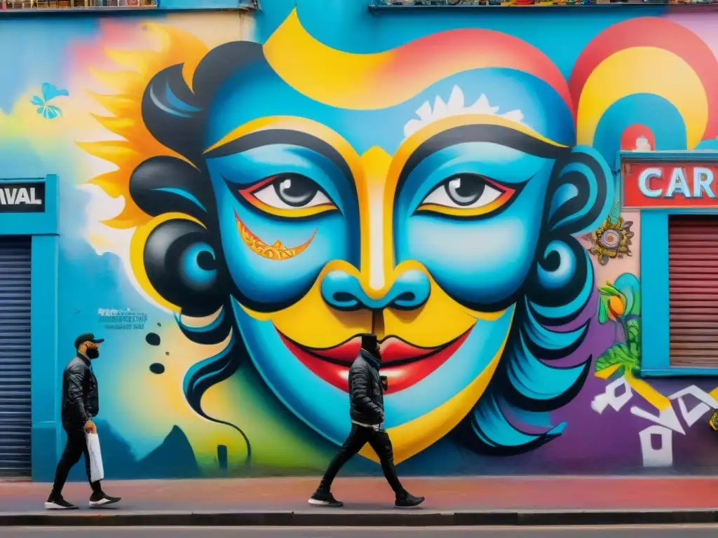 Arte callejero en Montevideo: Carnaval Uruguayo Un vibrante mural de graffiti transforma la ciudad durante el Carnaval Uruguayo, fusionando tradición y modernidad