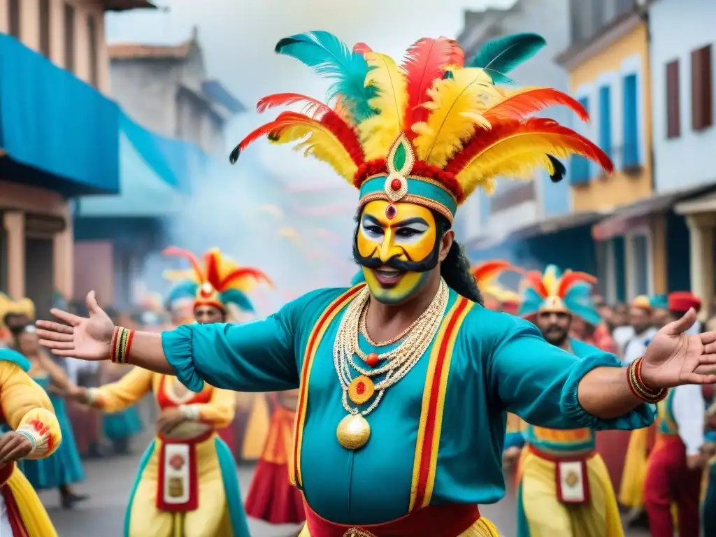 Vibrante murga en Carnaval de Uruguay: acuarela detallada Vibrante murga en Carnaval Uruguayo: Detallada acuarela de grupo actuando en bulliciosa calle