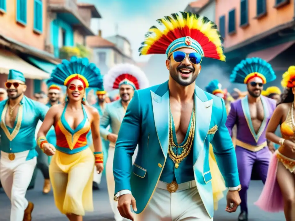 Murga moderna en el Carnaval Uruguayo: tradición e innovación Vibrante murga en Carnaval Uruguayo: fusión de tradición y modernidad en ilustración acuarela