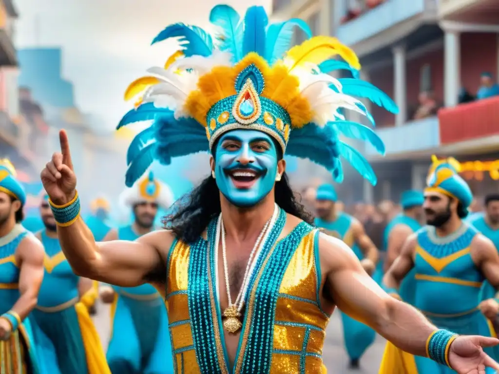 Murgas de exportación: colorida celebración uruguaya Una ilustración vibrante de murgas de exportación en el carnaval uruguayo