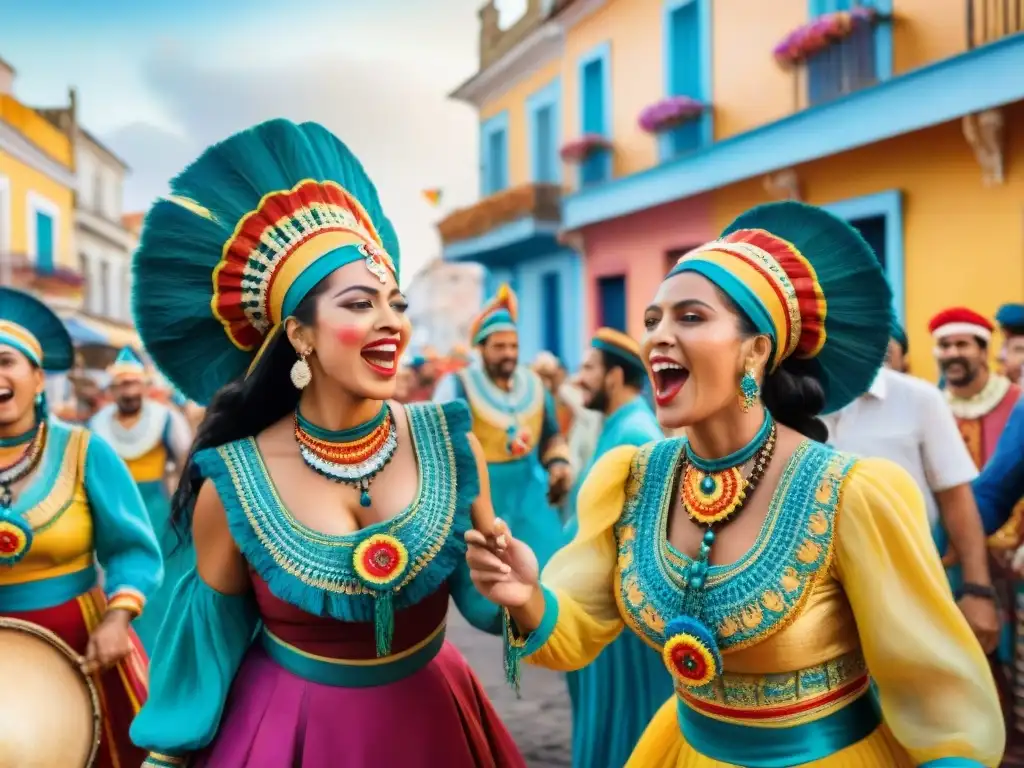 Murga vibrante en el carnaval de Uruguay Vibrante ilustración acuarela de murgueros en carnaval Uruguay