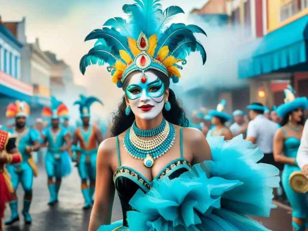 Evolución del Carnaval en Uruguay: Ilustración acuarela vibrante Ilustración acuarela vibrante del origen y evolución del Carnaval Uruguayo, desde rituales afro hasta festividades actuales