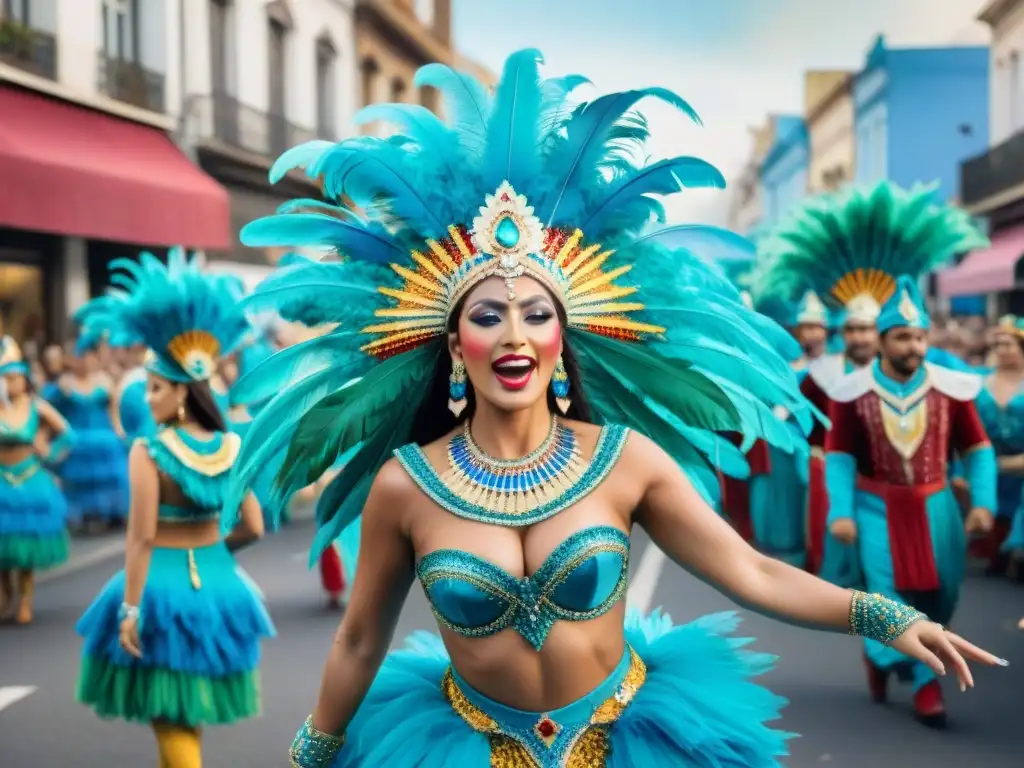 Vibrante desfile de Carnaval en Uruguay Una vibrante paleta de colores del Carnaval Uruguayo cobra vida en esta detallada acuarela, mostrando un desfile lleno de energía y color