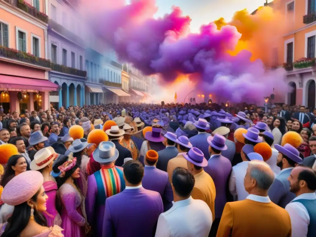 Deslumbrante Carnaval Uruguayo: Pintura acuarela en 8k Una vibrante paleta de colores en el Carnaval Uruguayo: desfile lleno de vida, música y alegría bajo un cielo pintado en tonos cálidos