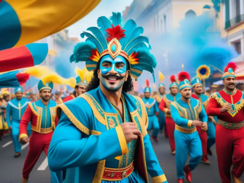 Vibrante Carnaval Uruguayo: Dancers, Música y Emoción Una vibrante paleta de colores del Carnaval Uruguayo cobra vida en una pintura acuarela detallada y animada