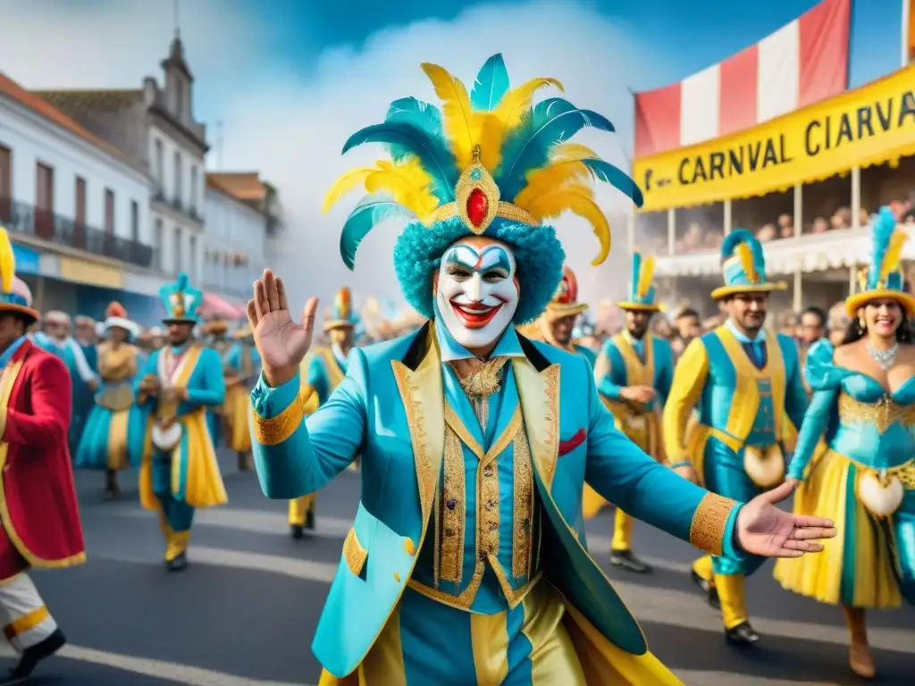 Deslumbrante carnaval uruguayo: alegría y color en acuarela Una vibrante parada de carnaval en Uruguay, con parodistas y coloridos carros alegóricos