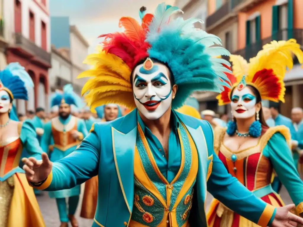 Parodistas en Carnaval: Colorida representación callejera uruguaya Vibrante preparación actuación parodistas Carnaval Uruguayo en la calle durante el festival