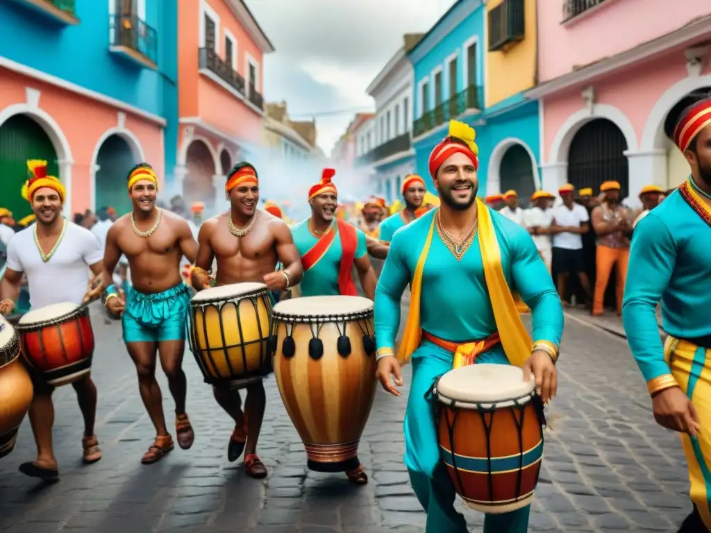 Desfile de Candombe: Tradición y Alegría en Uruguay Una vibrante ilustración acuarela de personas diversas tocando tambores Candombe en desfile callejero en Uruguay
