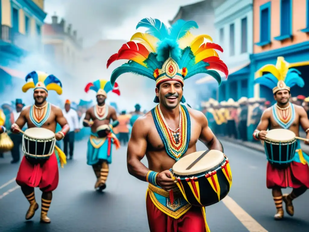 Una vibrante pintura acuarela de Accesorios Carnaval Uruguayo auténticos en un desfile animado con tambores y danzas tradicionales