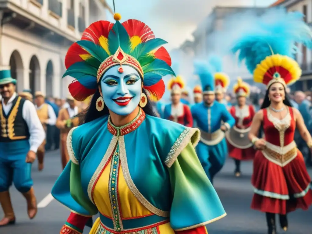 Deslumbrante Carnaval uruguayo: danza, color y alegría Una vibrante pintura acuarela del animado desfile de Carnaval en Uruguay, resaltando coloridos trajes y músicos
