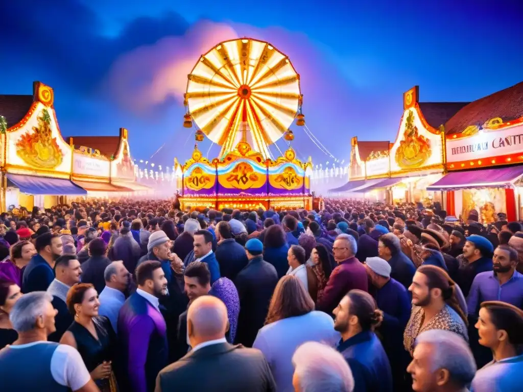 Carnaval en Uruguay: pintura acuarela nocturna vibrante Vibrante pintura acuarela de un animado carnaval nocturno en Uruguay