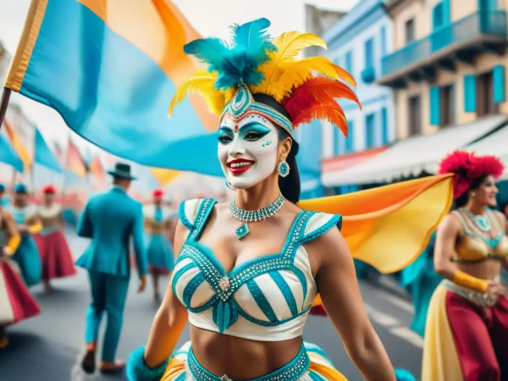 Deslumbrante pintura acuarela de bailarines de carnaval en Uruguay Vibrante pintura acuarela de bailarines de carnaval en Uruguay