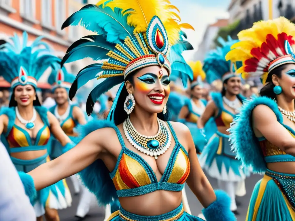 Vibrante pintura acuarela de bailarines de Carnaval en Uruguay Vibrante pintura acuarela de bailarines de Carnaval Uruguayo, con detalles y energía únicos