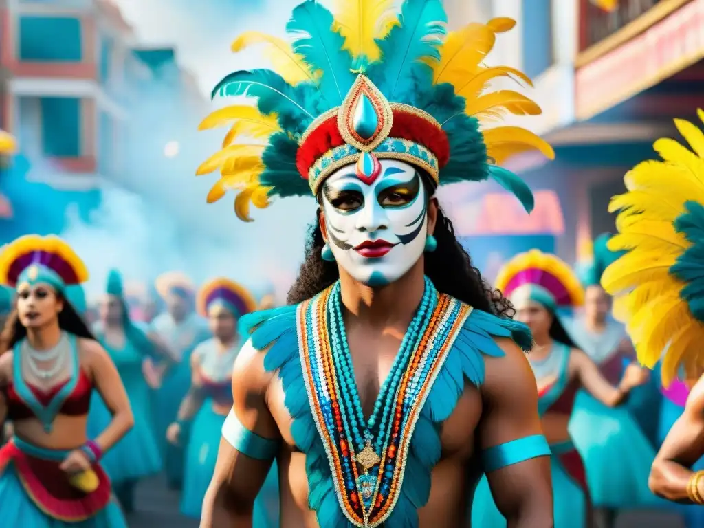 Vibrante pintura acuarela del Carnaval Uruguayo Vibrante pintura acuarela de bailarines de carnaval uruguayo en trajes elaborados, moviéndose al ritmo de tambores en calles llenas de confeti