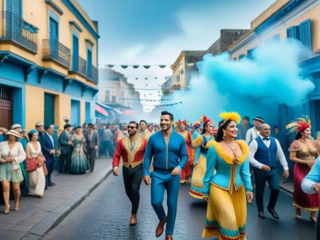 Carnaval en Uruguay: una calle vibrante llena de color y energía Vibrante pintura acuarela de un bullicioso Carnaval Uruguayo impacto turismo local