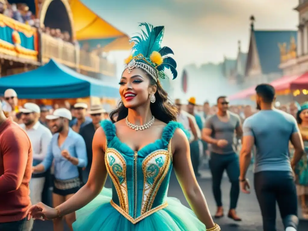 Colorido Carnaval: Baile, música y alegría en las calles Una vibrante pintura acuarela de un bullicioso desfile durante un colorido Carnaval