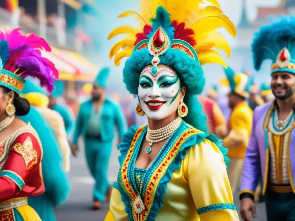 Carnaval multicultural: desfile vibrante de diversidad y alegría Una vibrante pintura en acuarela que retrata un bullicioso desfile de Carnaval, lleno de coloridos disfraces y espectadores de diversas culturas