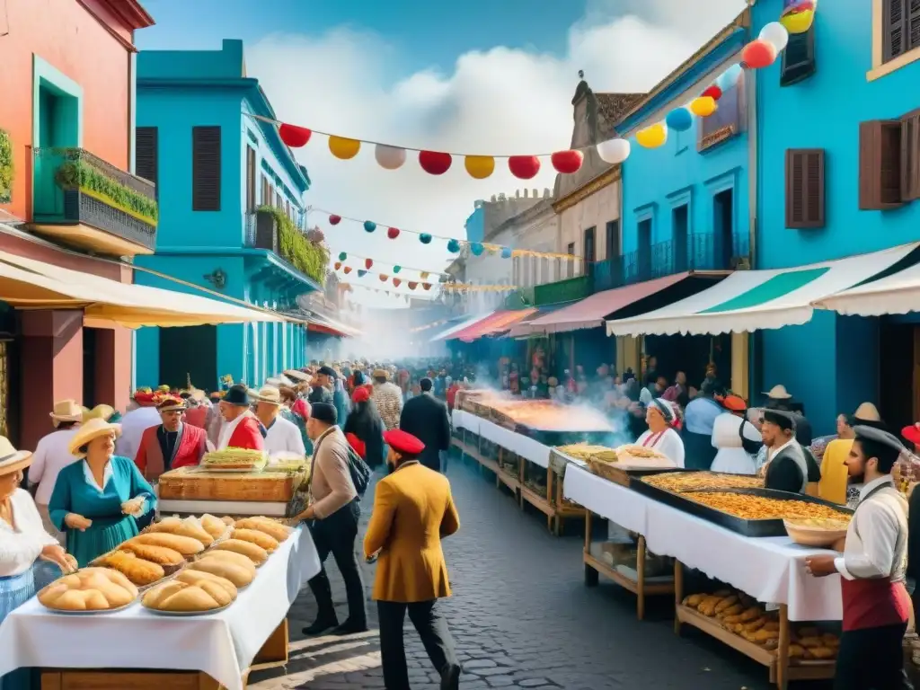 Carnaval uruguayo: colores, sabores y alegría en la calle Vibrante pintura acuarela de una calle uruguaya durante Carnaval, con historia gastronomía Carnaval Uruguay