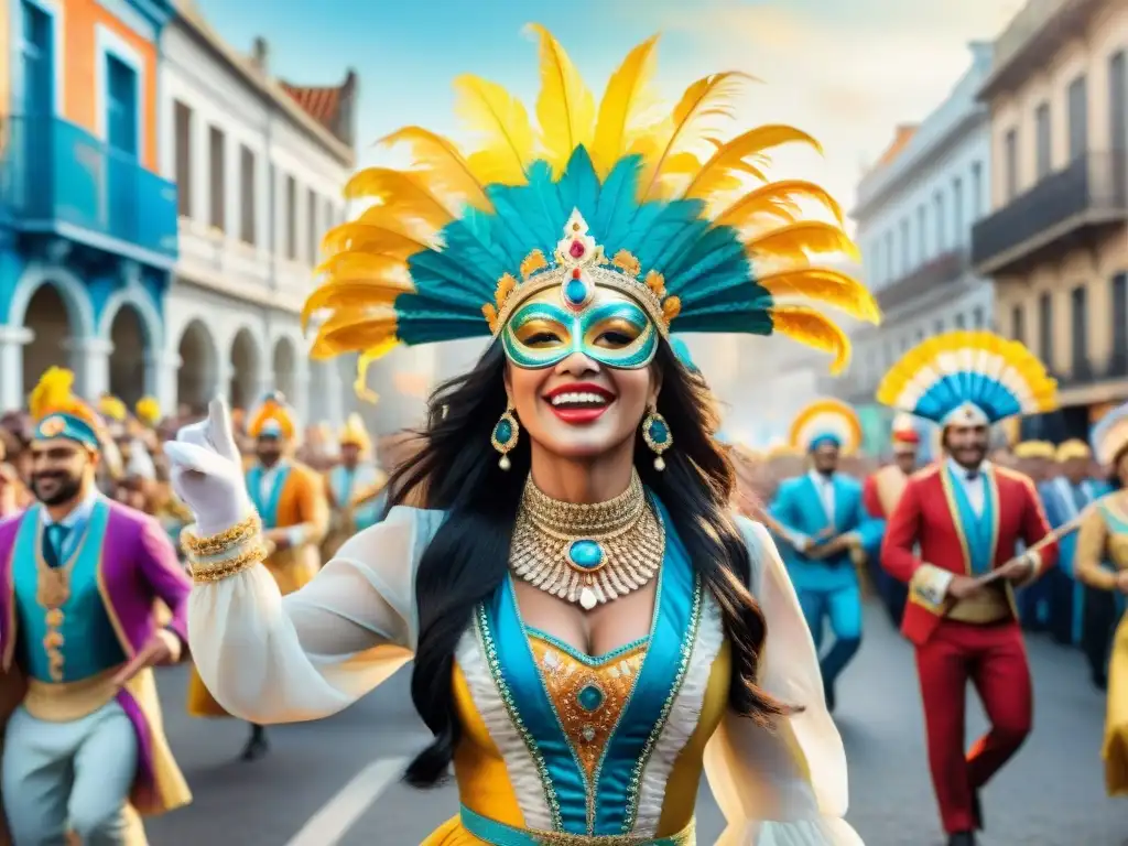 Pintura acuarela del vibrante Carnaval en Uruguay Vibrante pintura acuarela del Carnaval en Uruguay: coloridos trajes, bailarines y música tradicional en las calles