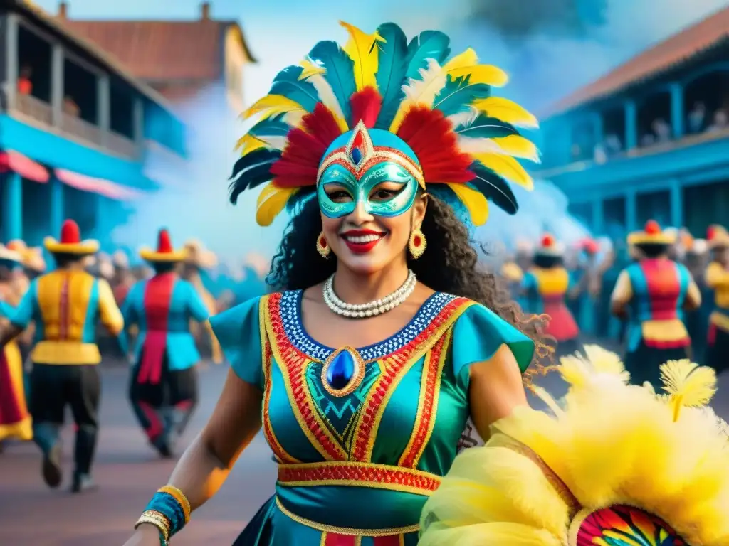 Vibrante Carnaval Uruguayo: danzas, colores y alegría Vibrante pintura acuarela del Carnaval Uruguayo, conservación riqueza cultural Carnaval Uruguayo