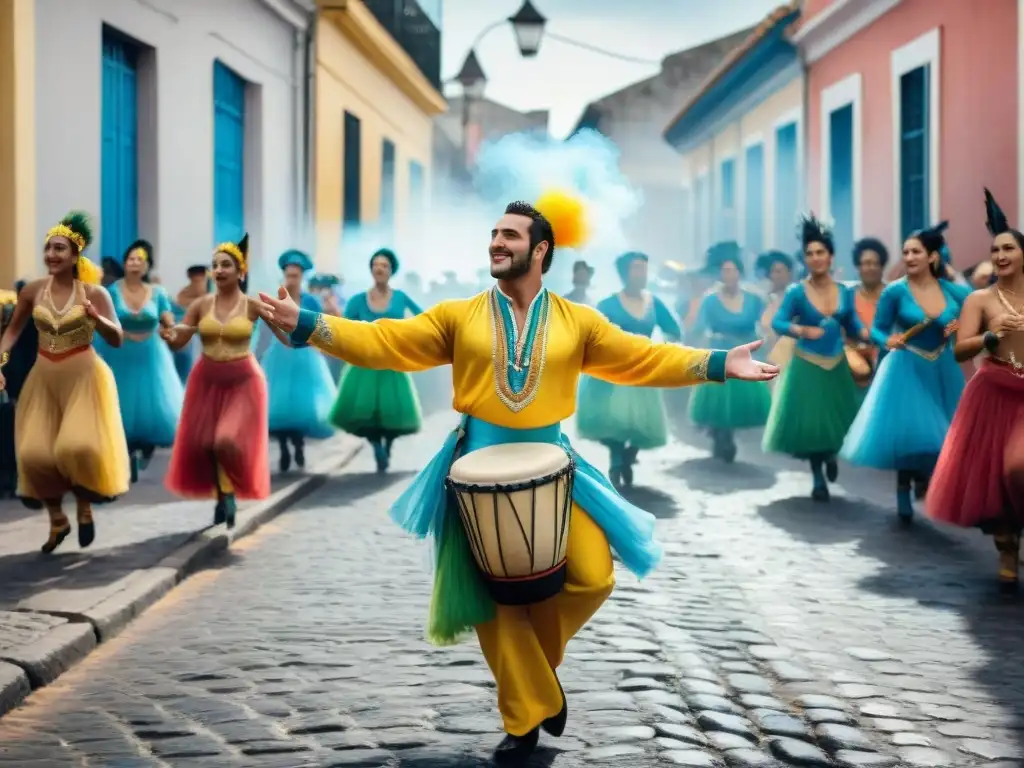 Colorida celebración del Carnaval en Uruguay Vibrante pintura de acuarela de Carnaval en Uruguay con Candombe, coloridos trajes y alegres danzantes en las calles empedradas