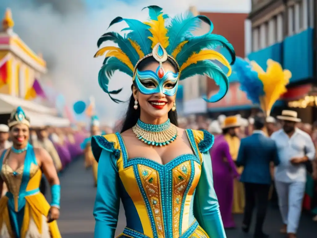 Colorida celebración: Carnaval de Uruguay con diversidad cultural y alegría Vibrante pintura acuarela del Carnaval Uruguayo, diversidad e inclusión en revistas