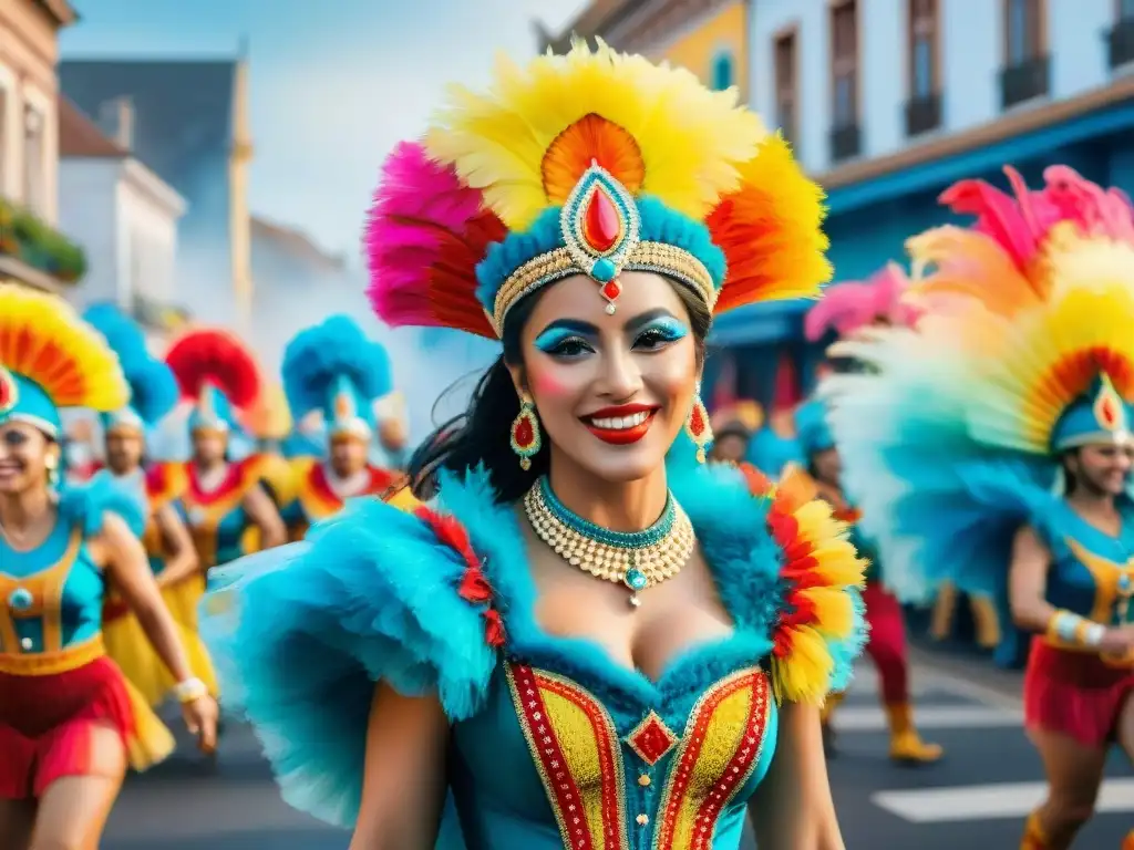Deslumbrante desfile del Carnaval Uruguayo en acuarela 8k Vibrante pintura acuarela del Carnaval Uruguayo, con coloridos trajes y desfile festivo en la calle