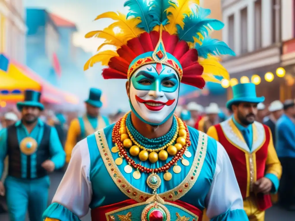 Uruguayan Carnival: Celebración colorida y vibrante Vibrante pintura acuarela del Carnaval Uruguayo, resalta la Importancia de las murgas uruguayas