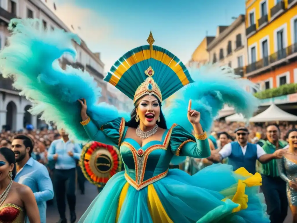 Deslumbrante Carnaval en Uruguay: coloridos desfiles y festiva atmósfera Vibrante pintura acuarela del Carnaval en Uruguay con desfiles coloridos y músicos, eventos corporativos Carnaval Uruguay destacar