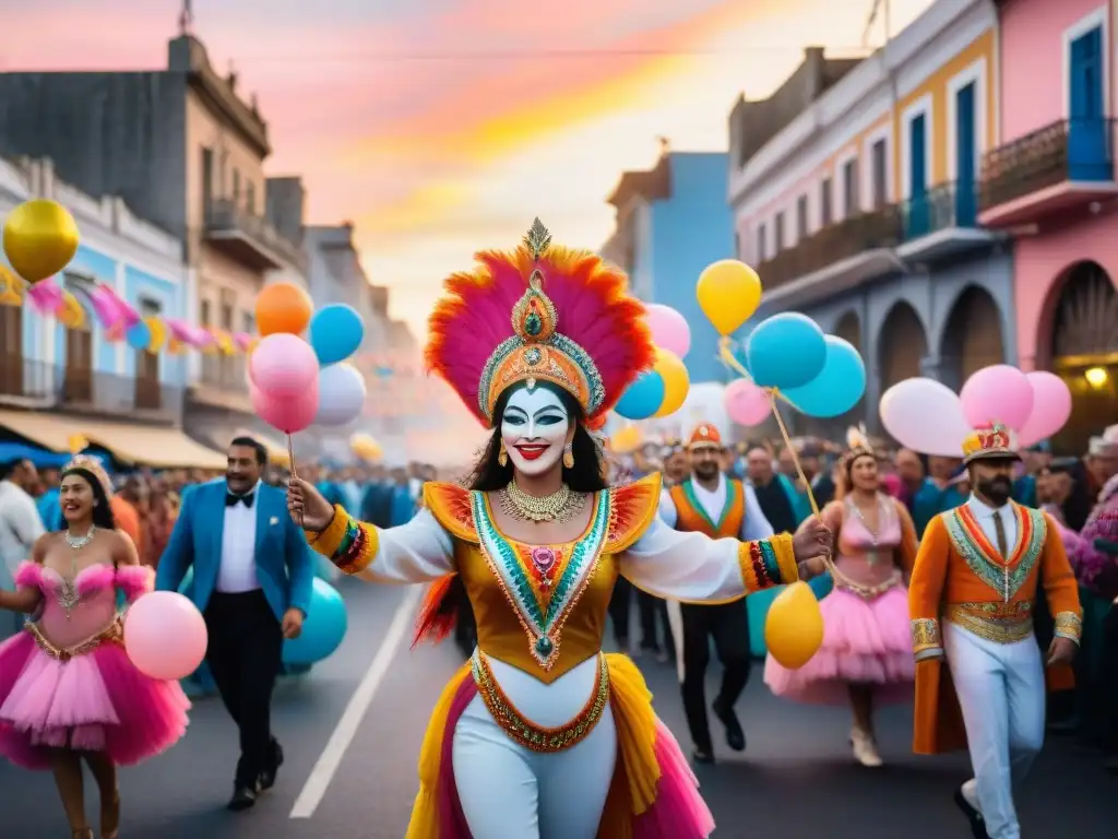 Carnaval colorido y festivo en Uruguay Vibrante pintura acuarela de Carnaval en Uruguay: desfile de bailarines y arquitectura festiva al atardecer