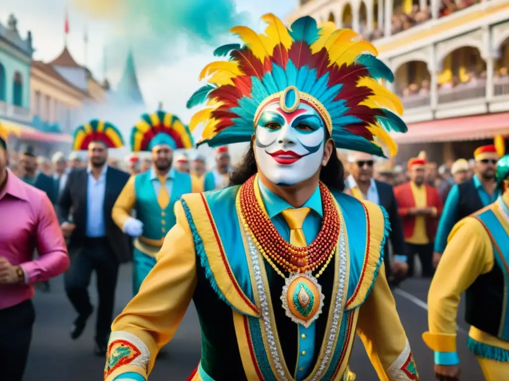 Deslumbrante desfile de Carnaval en Uruguay Vibrante pintura acuarela del Carnaval Uruguayo difusión internacional digital, con desfile colorido y alegre