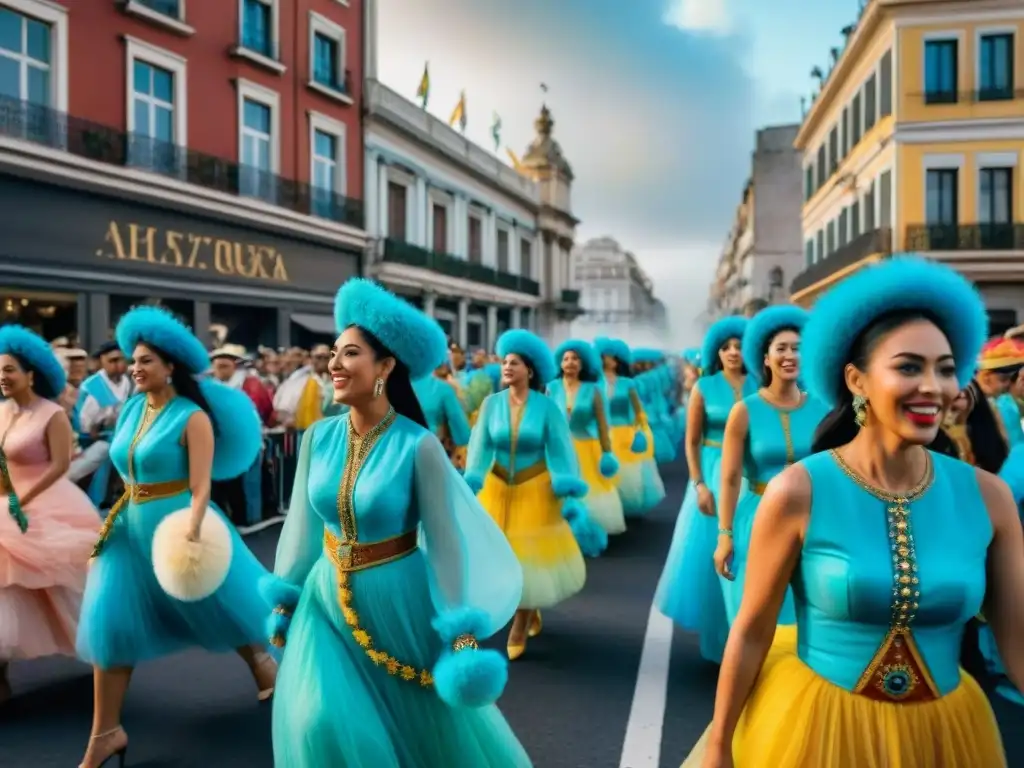 Pintura acuarela de comparsa vibrante en Carnaval Uruguayo Vibrante pintura acuarela del Carnaval Uruguayo con comparsas y desfiles, capturando la energía del evento