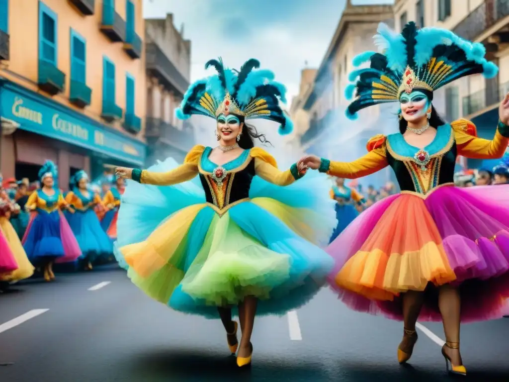Vibrante Carnaval Uruguayo: danzas y coloridos disfraces en Montevideo Vibrante pintura acuarela del Carnaval Uruguayo: danzarines enmascarados y coloridos desfiles