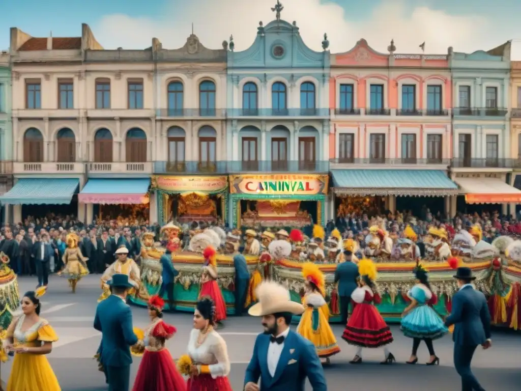 Deslumbrante carnaval uruguayo del siglo XX en acuarela detallada Vibrante pintura acuarela del Carnaval en Uruguay del siglo XX, con floats y trajes coloridos, música y arquitectura histórica