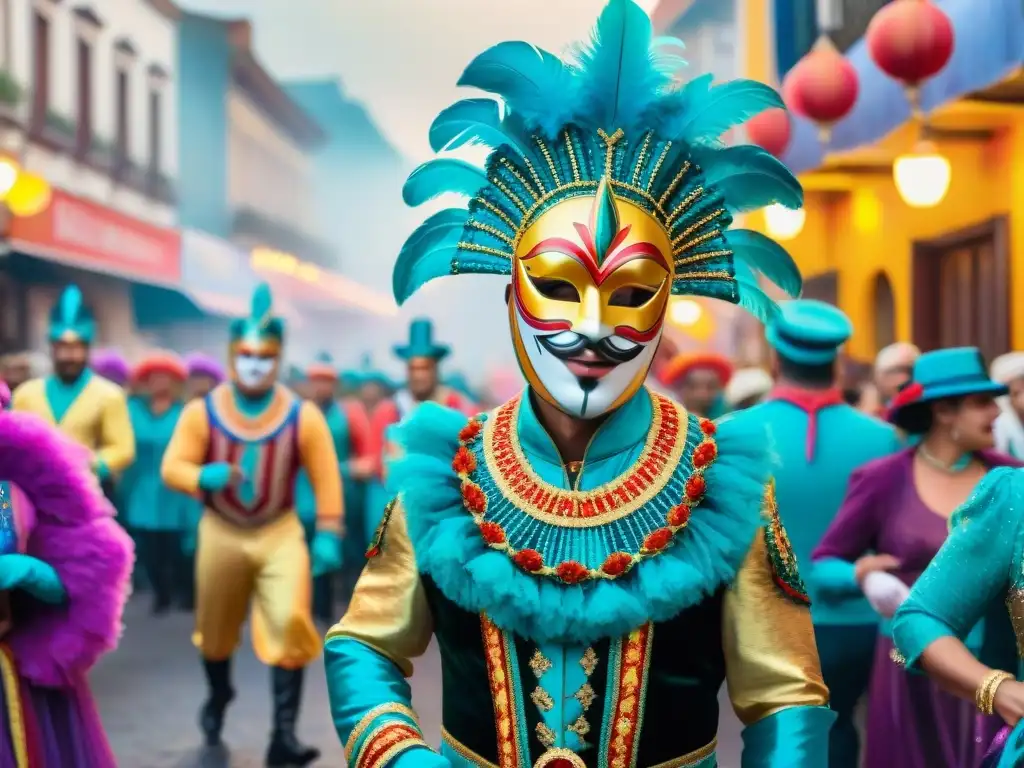 Vibrante Carnaval Uruguayo: escena callejera en acuarela Vibrante pintura acuarela del Carnaval Uruguayo con detalles festivos