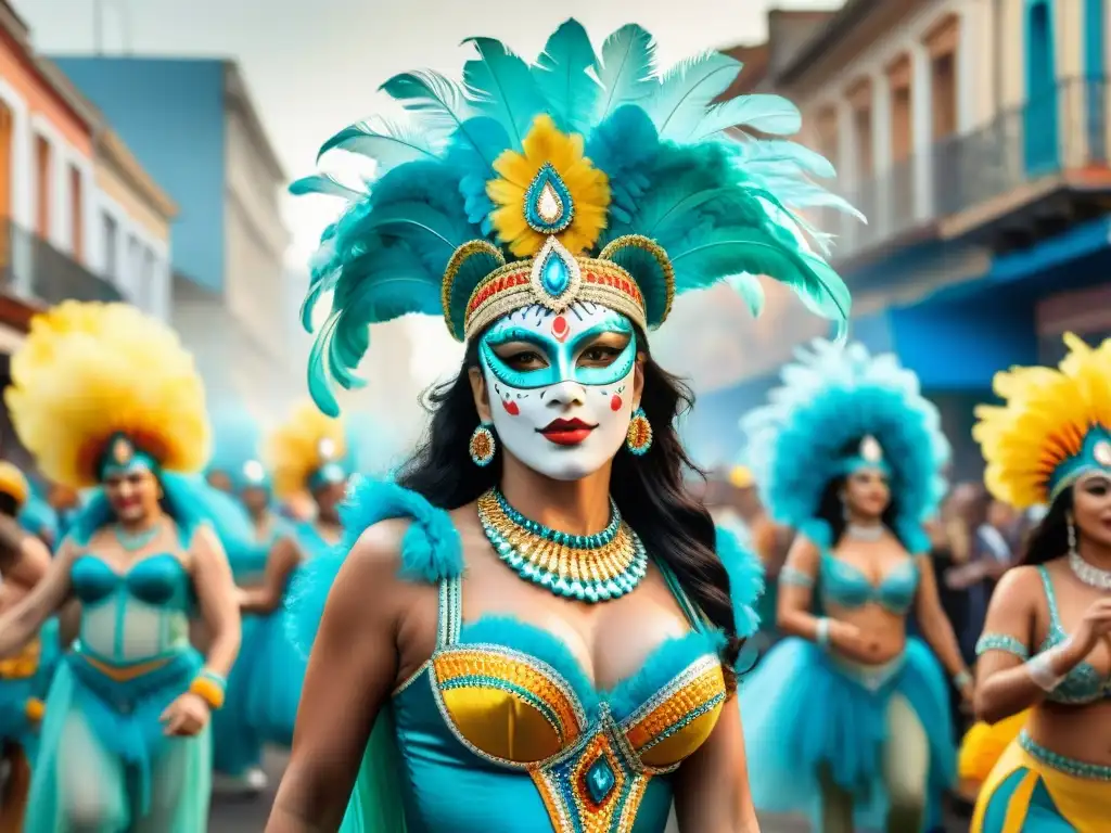 Colorido Carnaval en Uruguay: Detalles acuarela Vibrante pintura acuarela del Carnaval en Uruguay, con disfraces elaborados y músicos energéticos