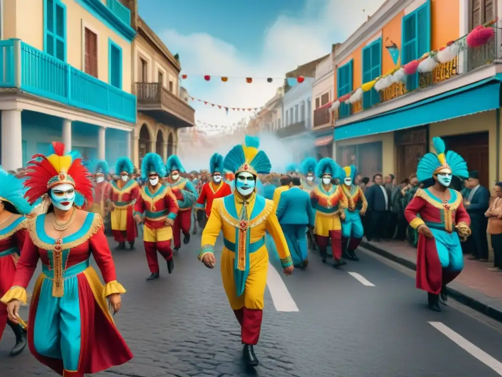 Pintura acuarela: Carnaval uruguayo colorido y festivo Una vibrante pintura acuarela del Carnaval Uruguayo con merchandising oficial y música tradicional