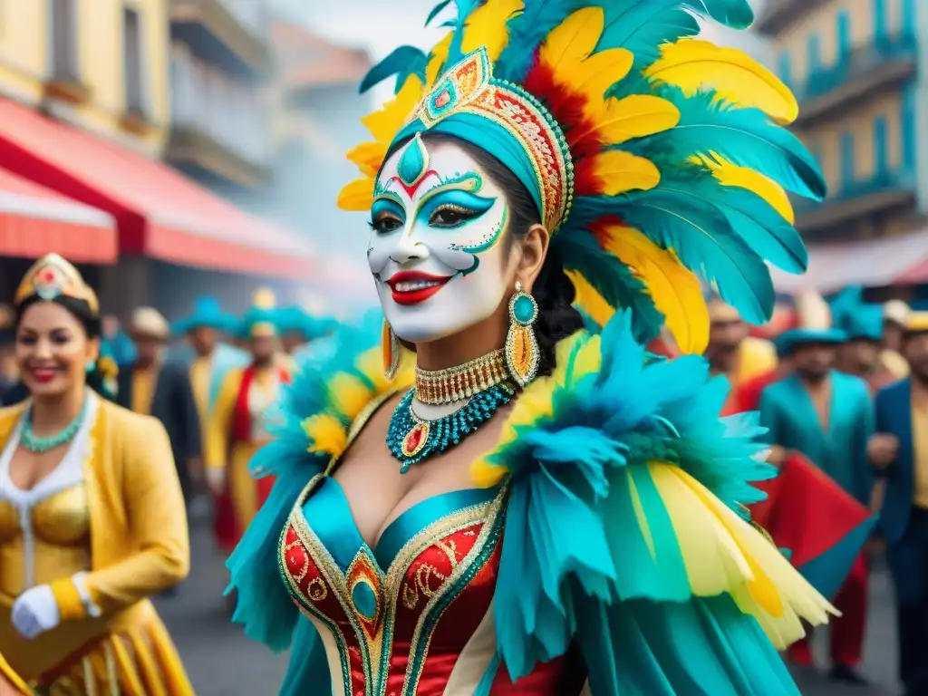 Vibrante Carnaval en Uruguay: pintura acuarela Vibrante pintura acuarela del Carnaval en Uruguay, con desfile de coloridos carros alegóricos y bailarines en trajes tradicionales